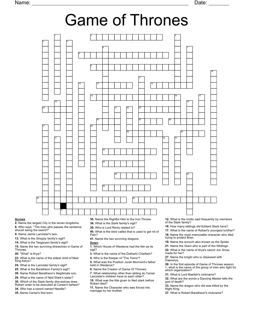 Game of Thrones Setting Crossword Puzzle: Find All of the Places from the Series!